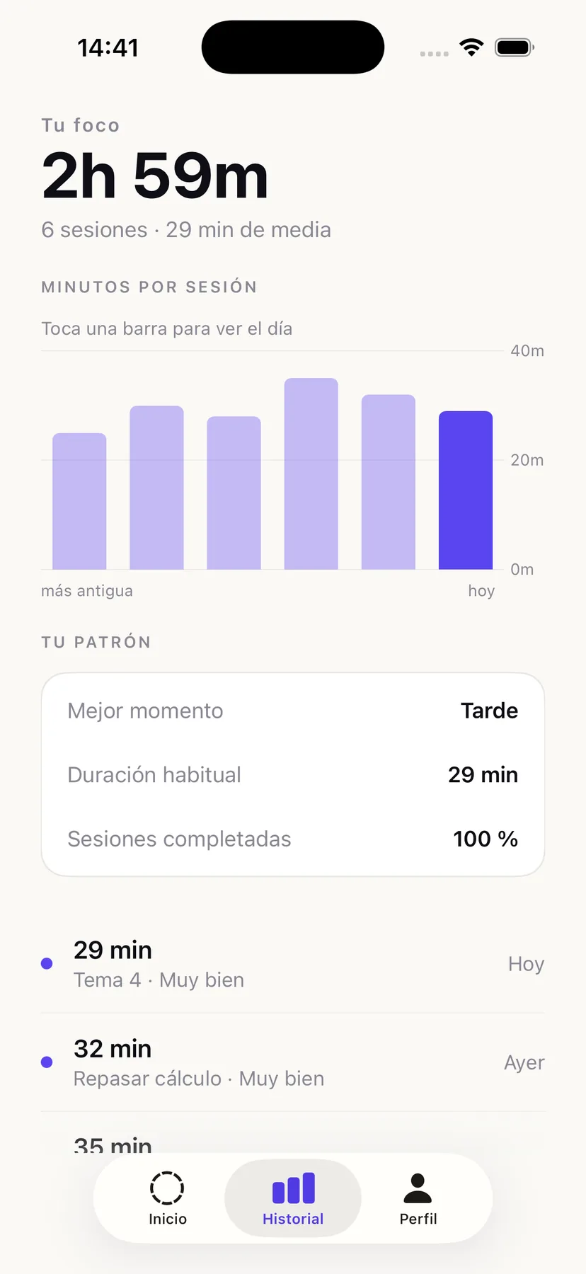 Historial de Luma con la gráfica de minutos por sesión y el patrón detectado