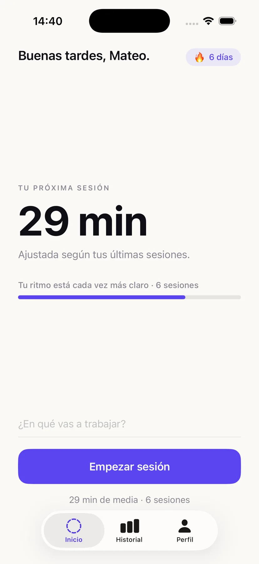 Pantalla de inicio de Luma: próxima sesión de 29 minutos y racha de 6 días seguidos